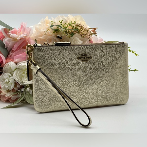 Coach Gold Metallic Pebbled Leather Wristlet - Picture 2 of 15